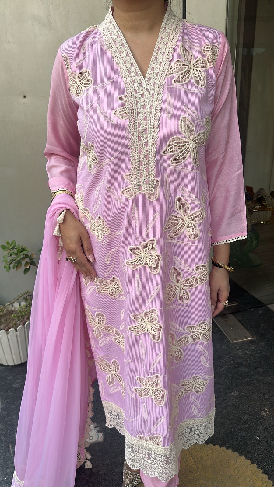 Khayaal Baby Pink Lace work Cotton Designer Suit