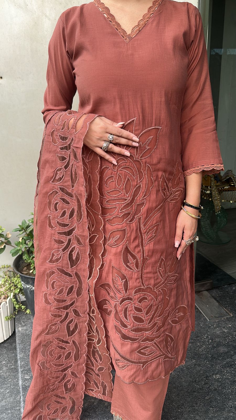 Tavas Coffee Brown Applique Designer Suit