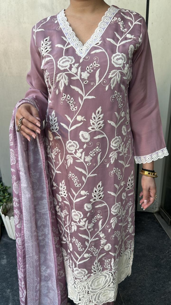 Lacy lavander Thread work Cotton Designer Suit