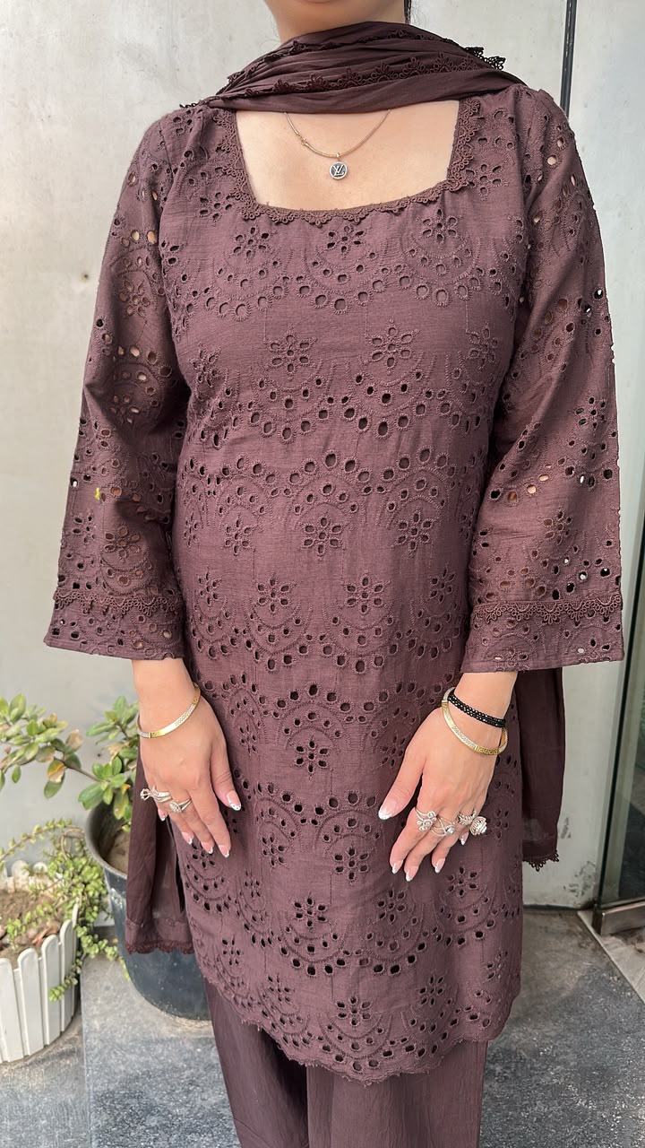 Coke Brown Chiffle Farshi Salwar Cotton Designer Suit