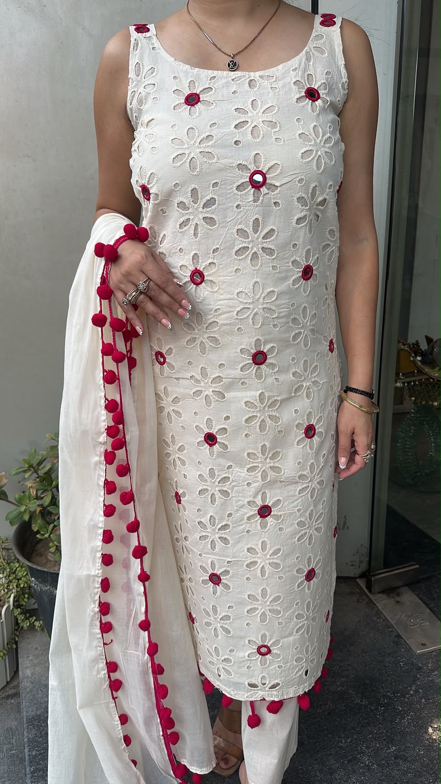 Pearl Ivory Pink Chiffle Designer Suit (Sleeve Fabric Attached)