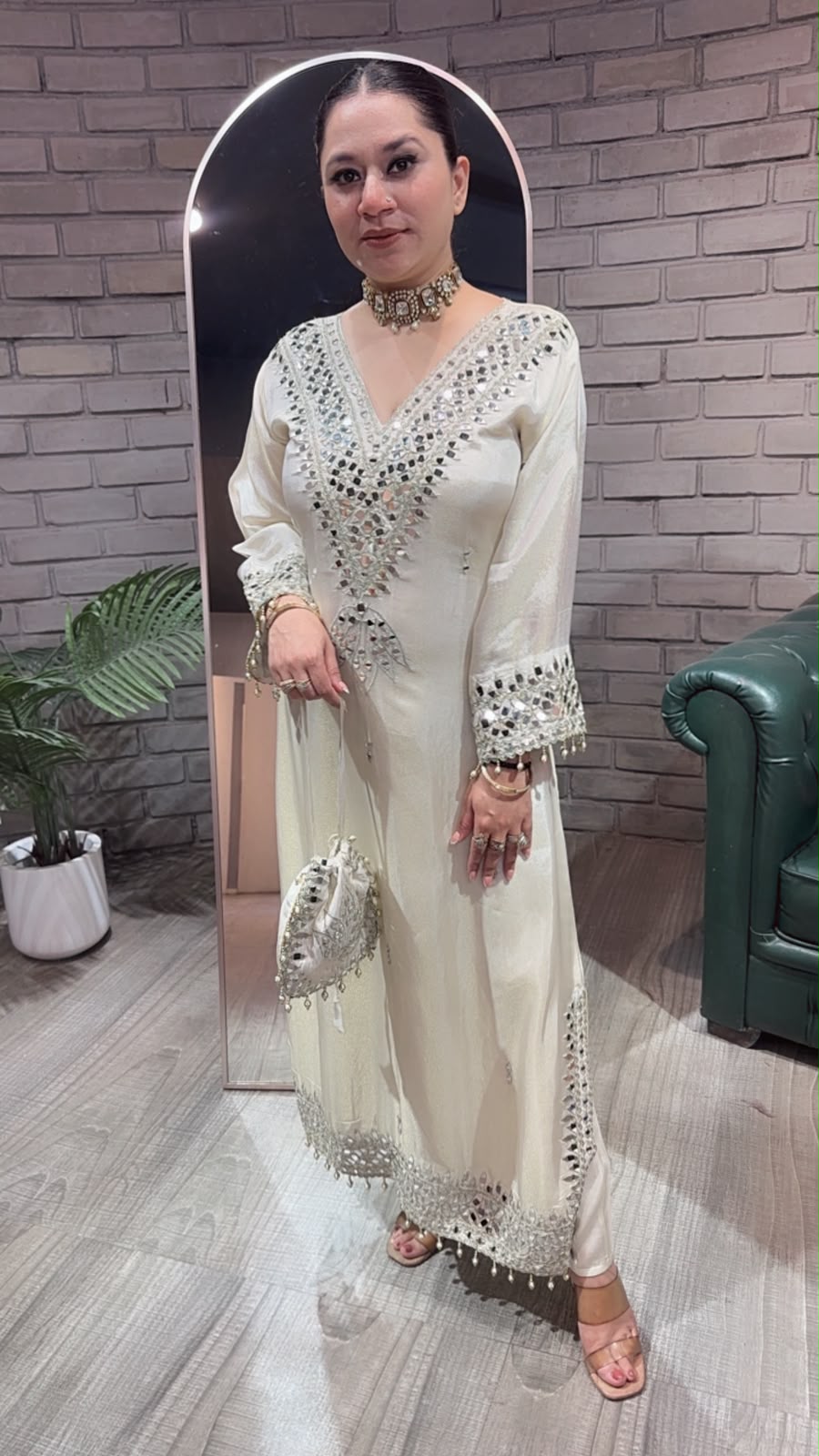 Kainaat ivory Mirror Dress with Potli and pants