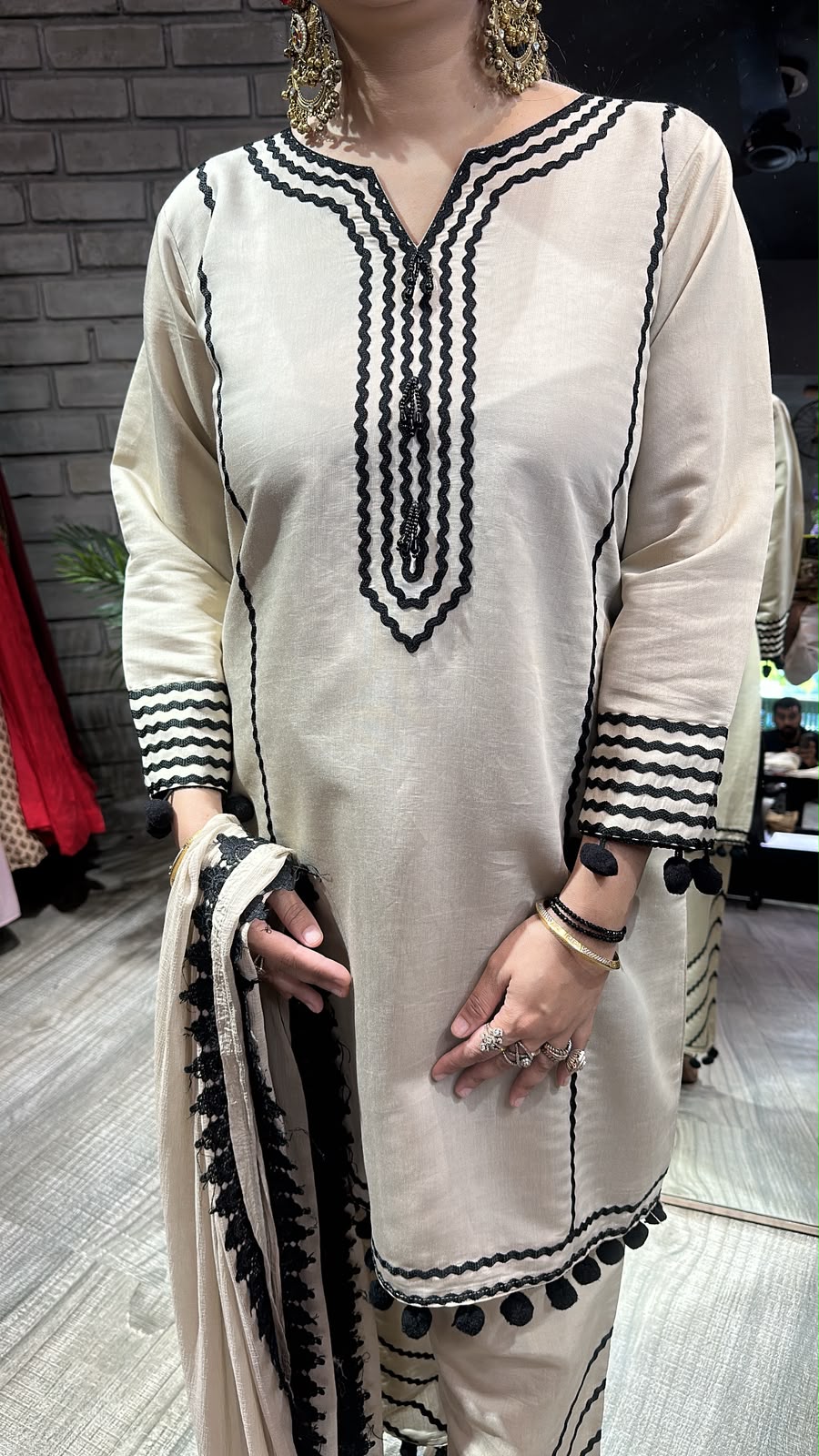 Kiki Beige Black Pom Pom Designer Suit