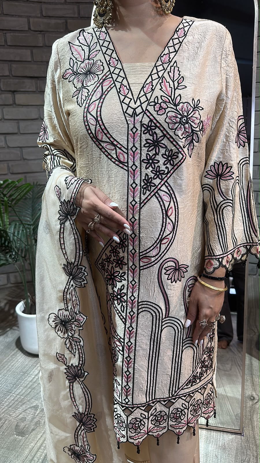 Riffat Beige Thread work Cut work Designer Suit