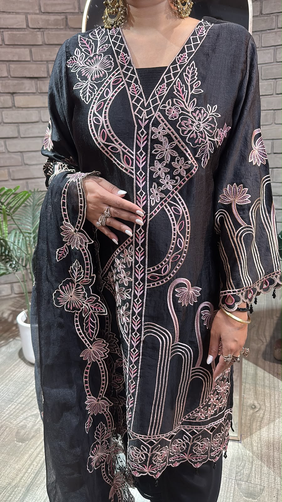 Riffat Black Thread work Cut work Designer Suit