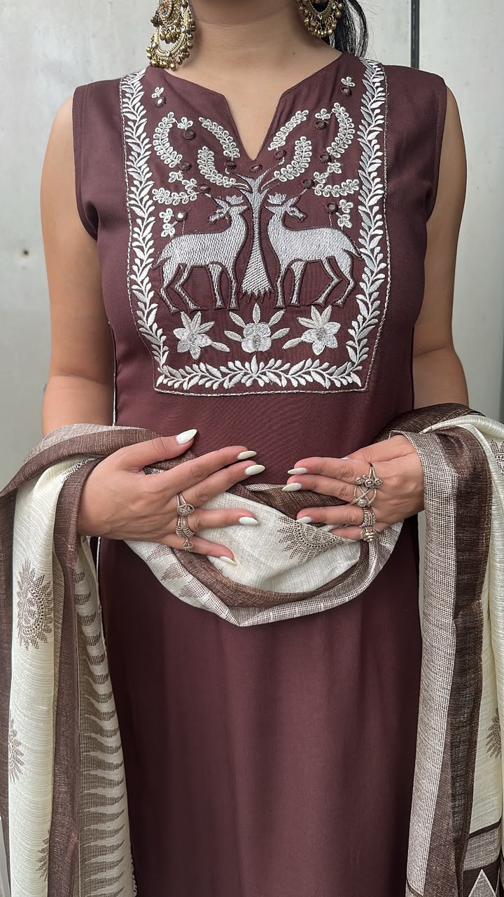 Masala Brown Designer Suit (Sleeve fabric Attached)