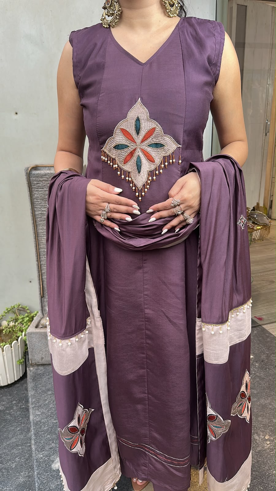 Amber purple Cotton Designer Anarkali Suit (Sleeve fabric Attached)