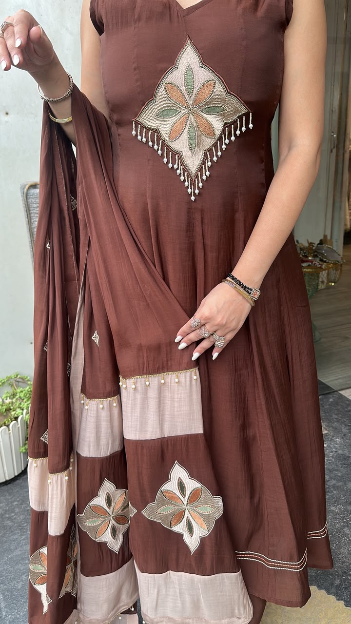 Meraak Brown Cotton Designer Anarkali Suit (Sleeve fabric Attached)