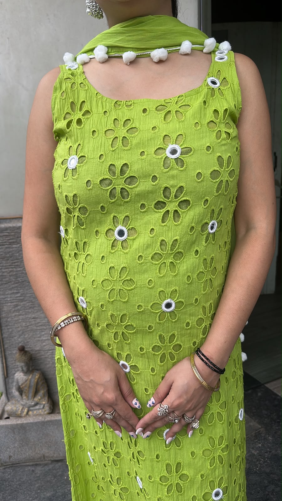 Pearl Neon Green Chiffle Designer Suit (Sleeve Fabric Attached)