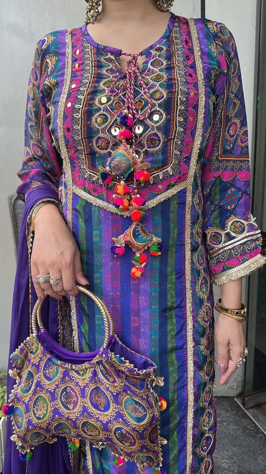Rakhi Jamun Digital Gotta work Designer Suit with Potli