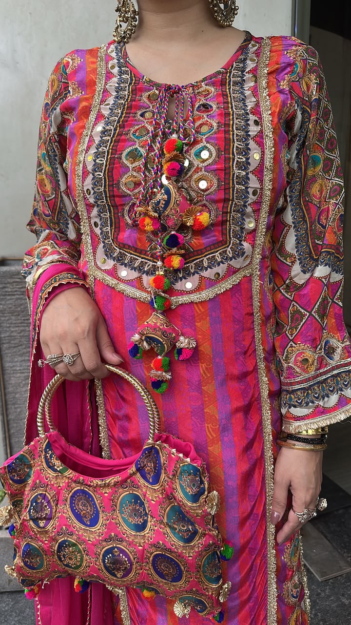 Rakhi Gulabi Digital Gotta work Designer Suit with Potli