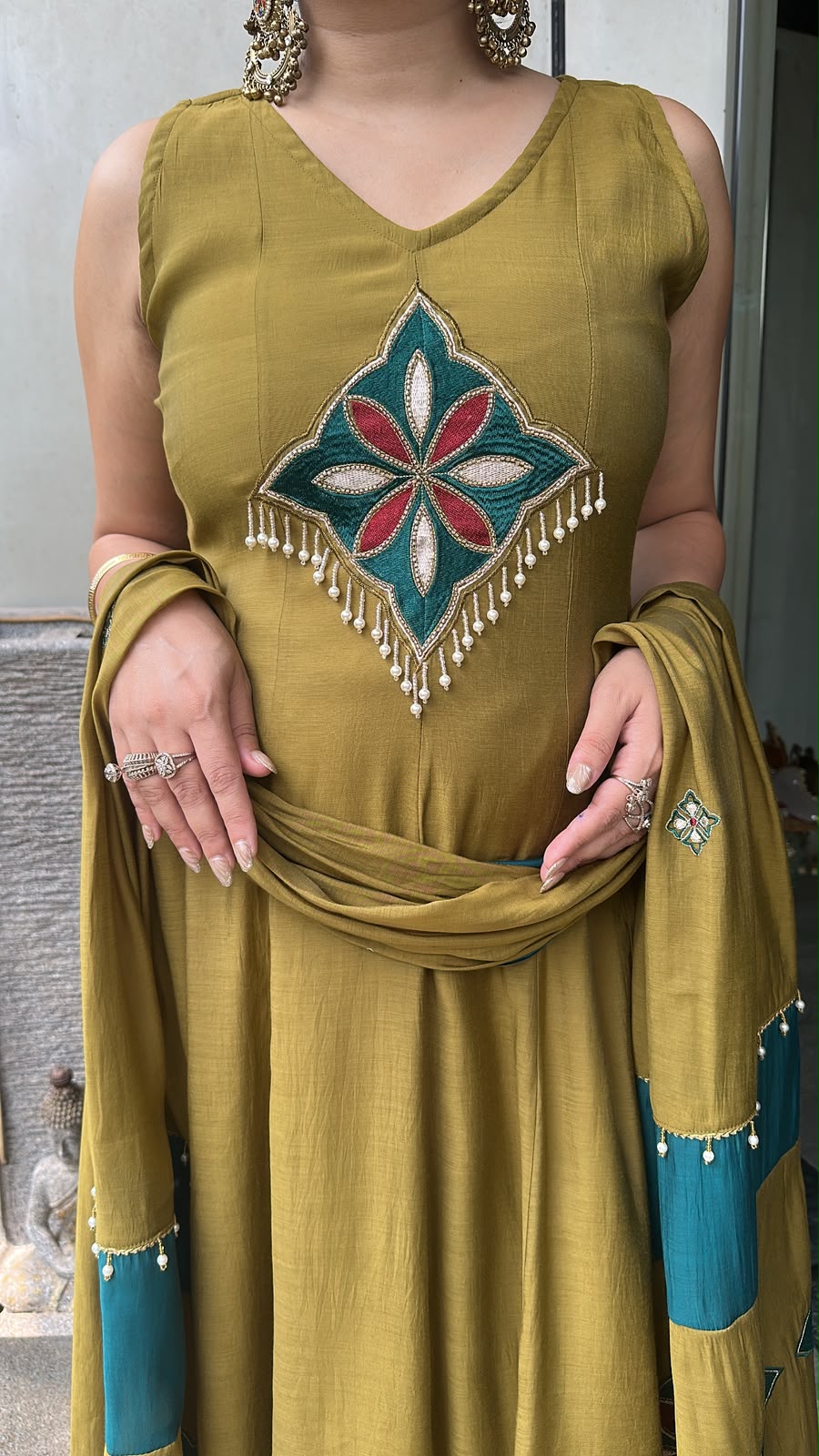 Meraak Mendhi Green Cotton Designer Anarkali Suit (Sleeve fabric Attached)