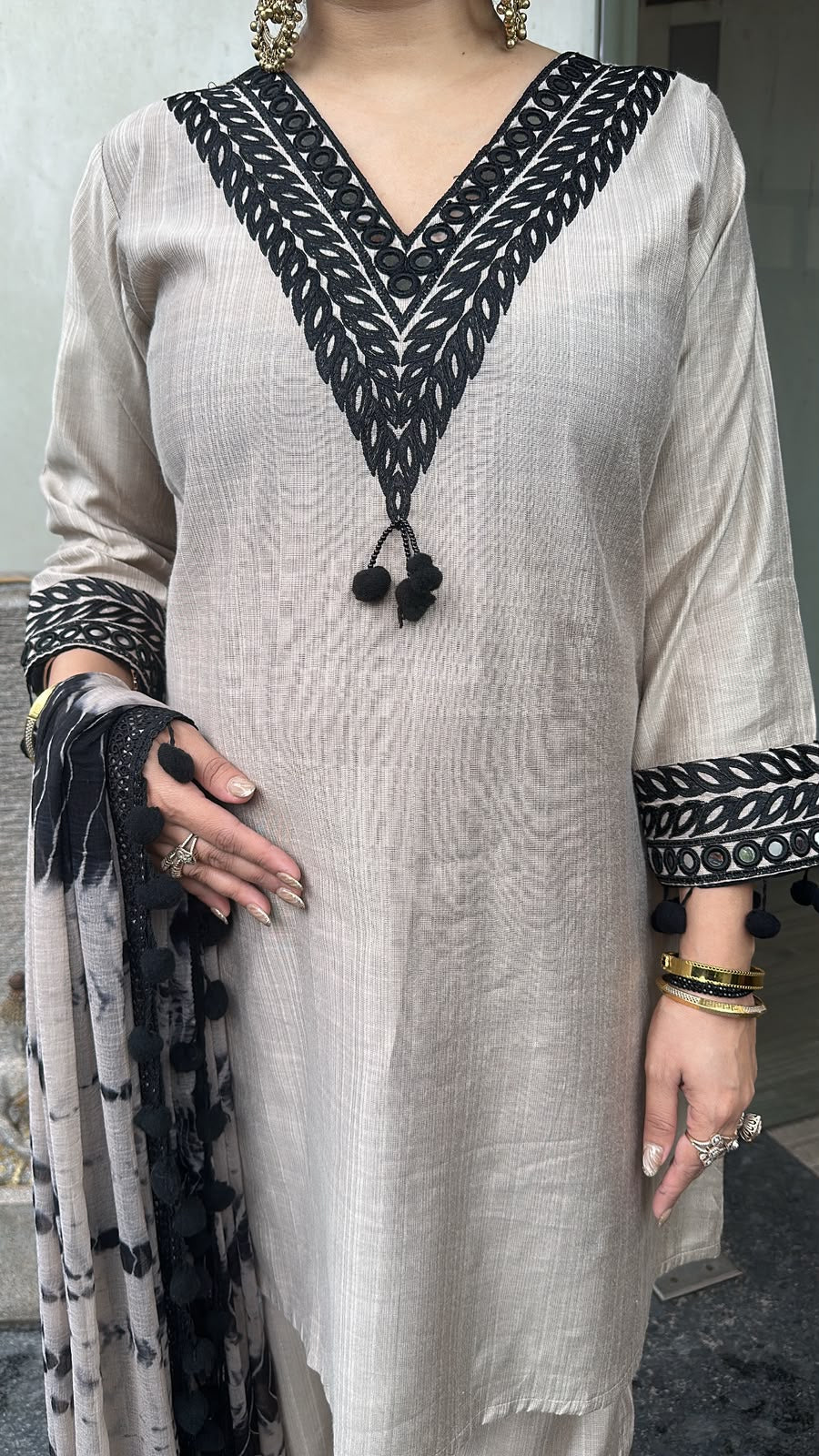 Badam Beige Pom Pom Designer Suit