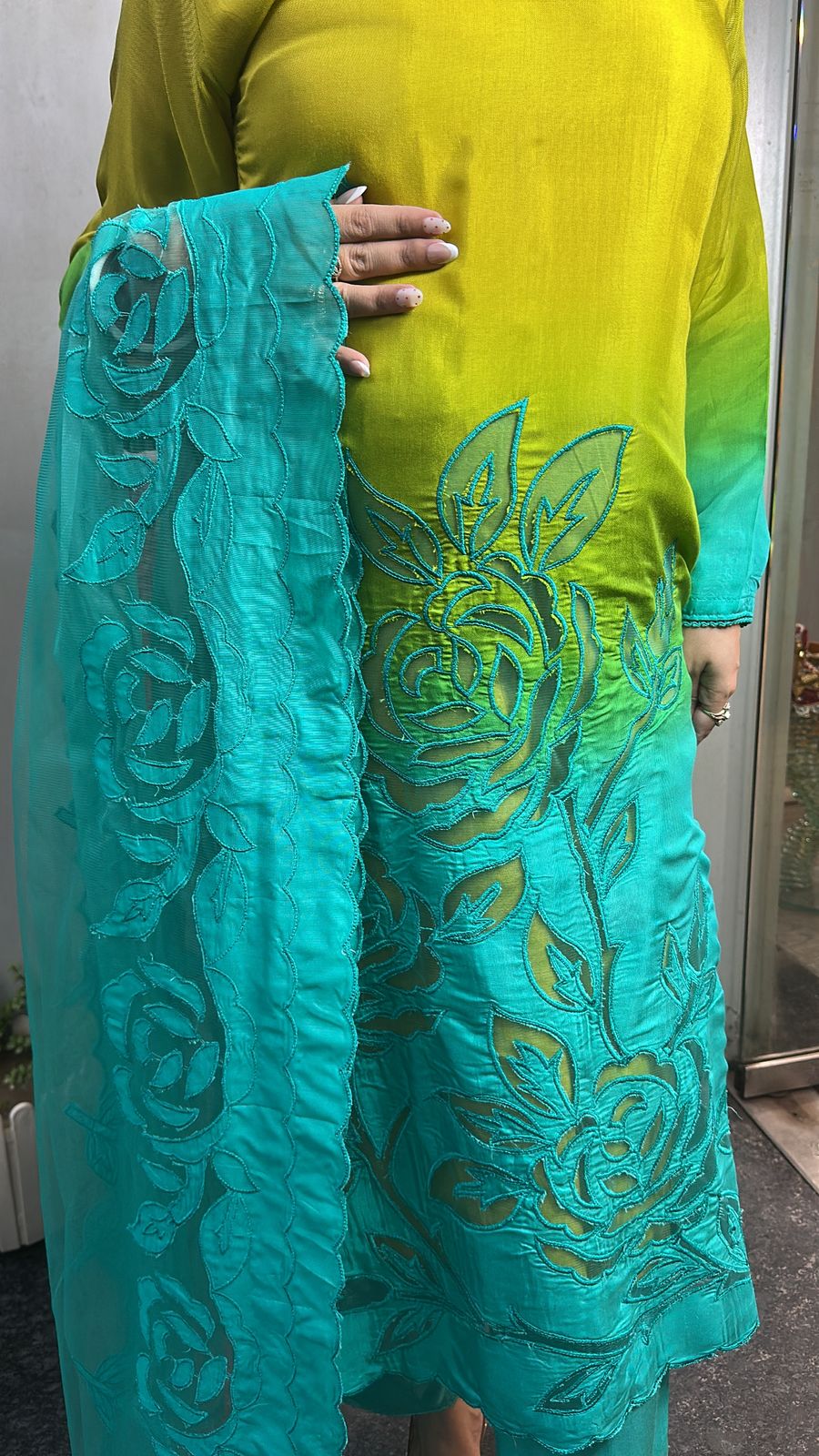 Zamer Blue Yellow Applique work Cotton Designer Suit