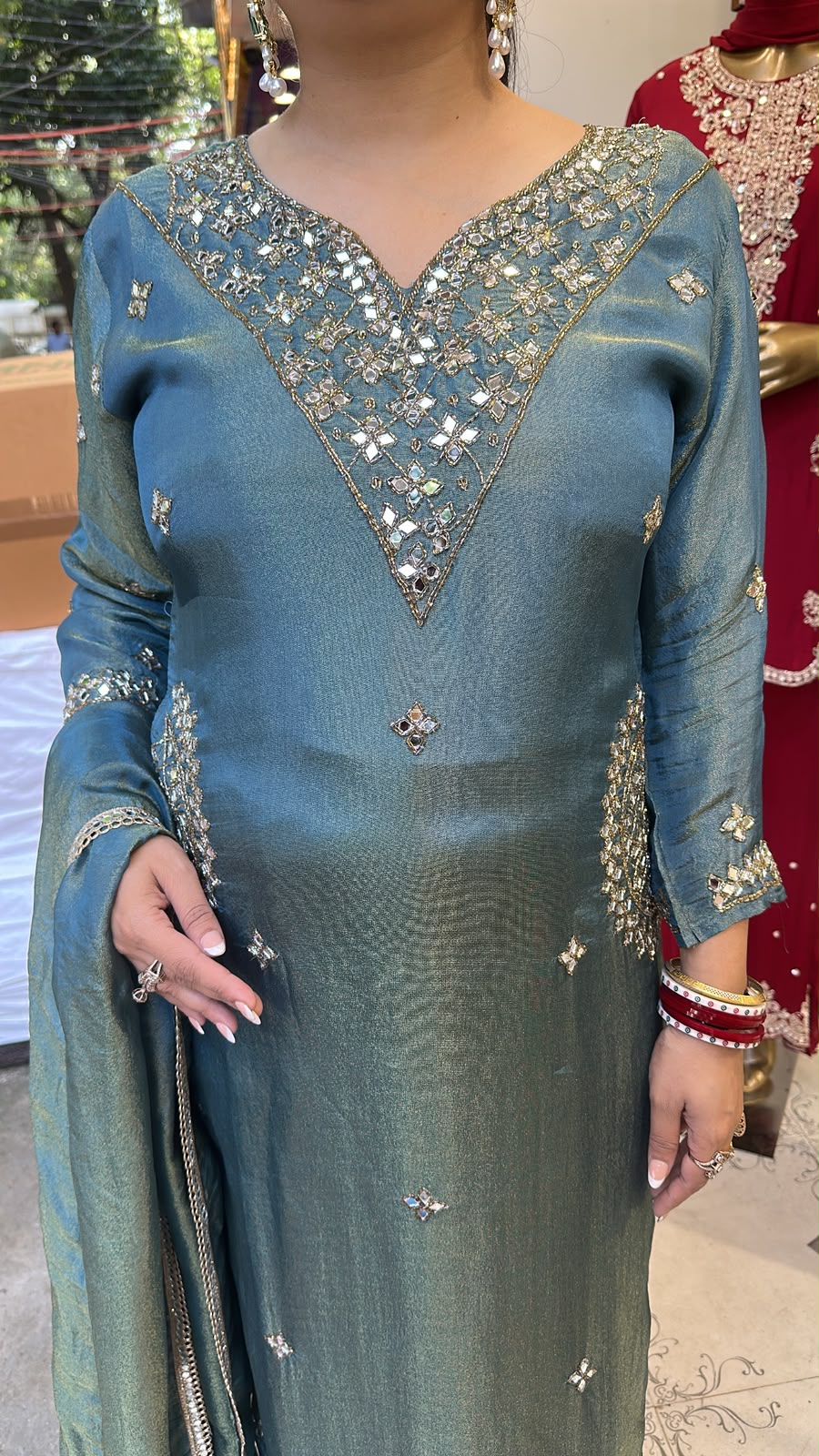 Bajirao Teal Blue Mirror Work Pocket Designer Suit