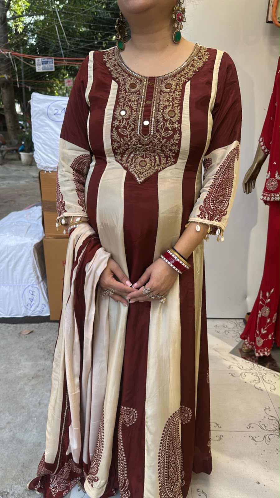Sargun Mahroon Ivory Digital Anarkali Designer Suit