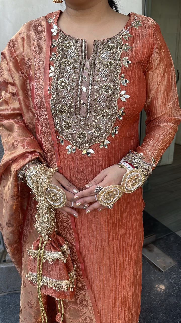 Kesariya Rust Karwa with potli Designer Suit