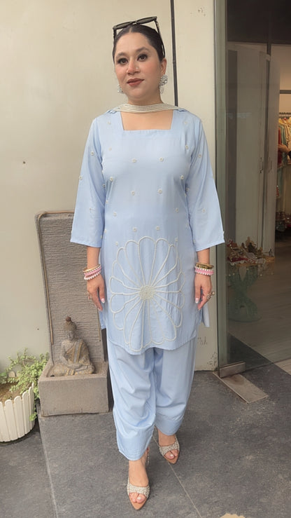 Libra Powder Blue Designer Pearl Dupatta Suit
