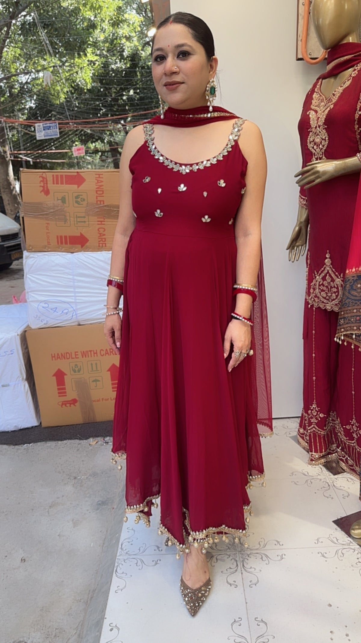 Bandhan Mahroon Designer Anarkali Suit (Sleeve Fabric Attached)