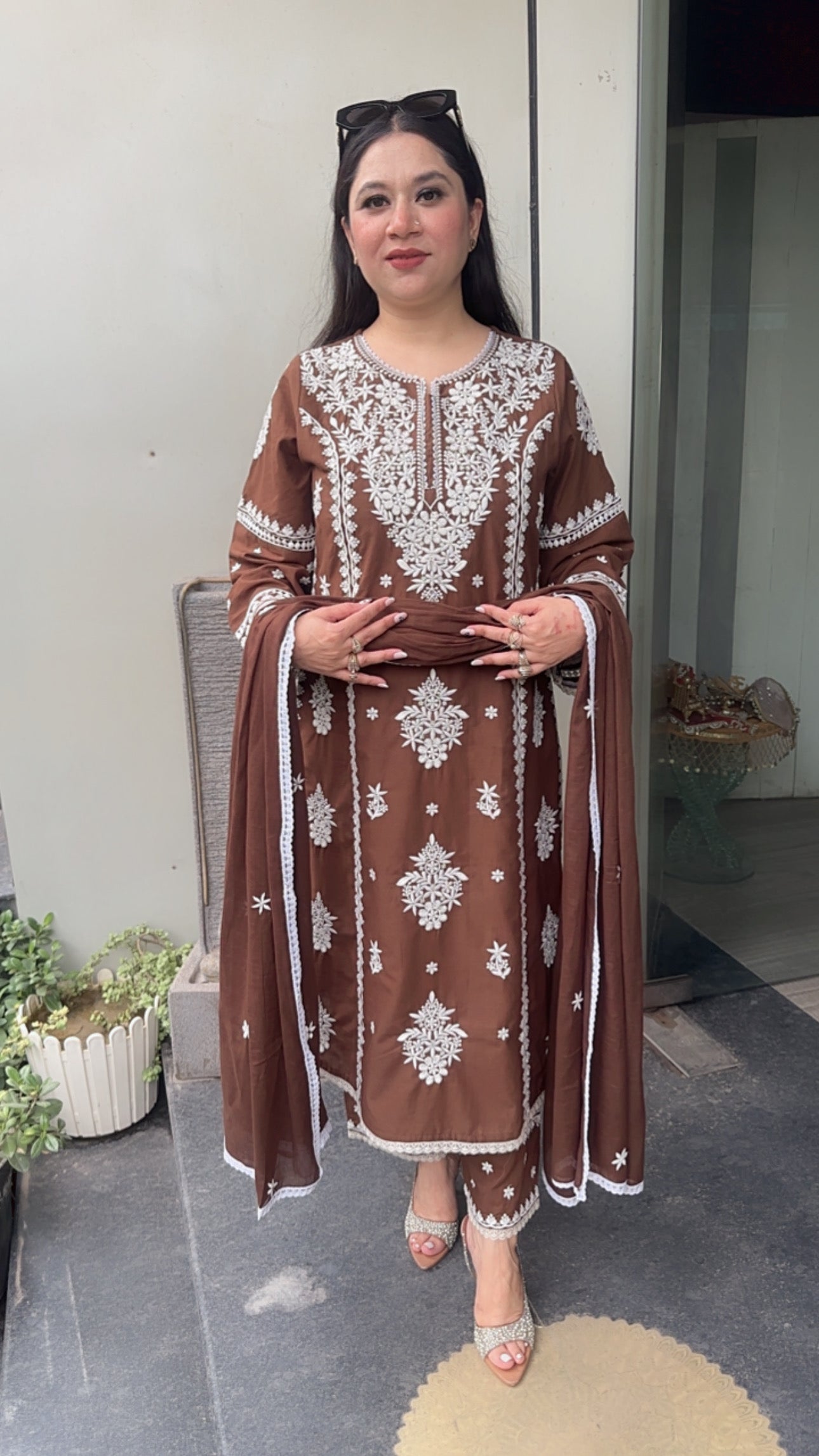 Chikoo Brown Chikankari A-Line Cotton Suit
