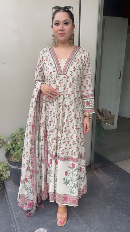 Lily Ivory Floral Print Cotton Anarkali