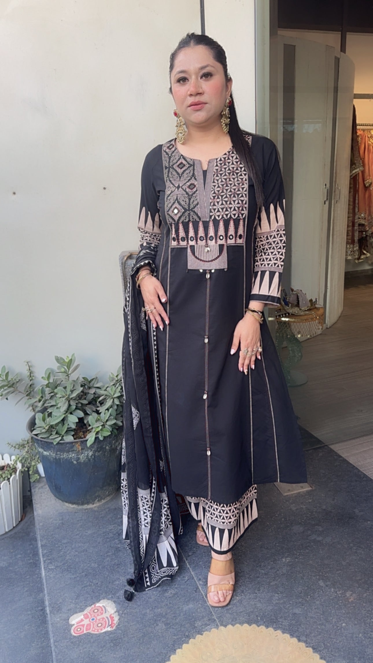 Lahore Black Cotton A-line pocket Designer Suit
