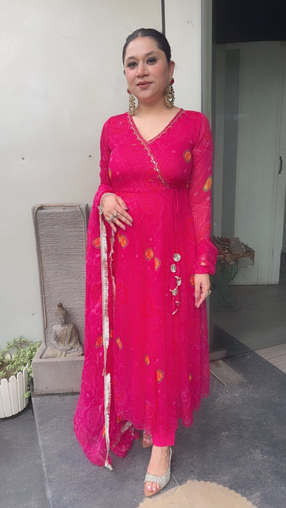 Hayaat Magenta Pink leheria Digital print Designer Anarkali