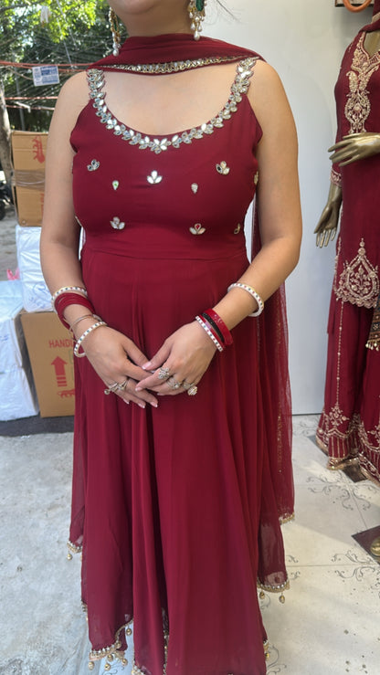 Bandhan Mahroon Designer Anarkali Suit (Sleeve Fabric Attached)