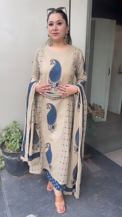 Nora Beige Digital cotton Designer Suit