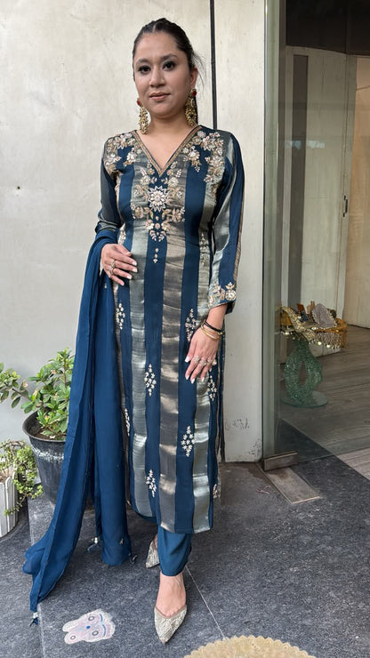 Charkha Teal Blue Hand Embroidery Designer Suit