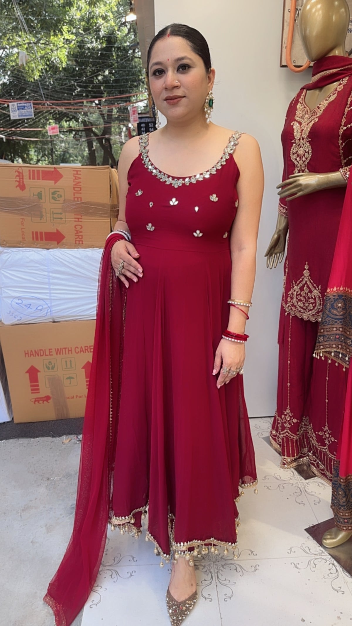 Bandhan Mahroon Designer Anarkali Suit (Sleeve Fabric Attached)