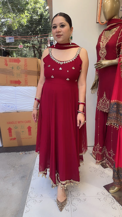 Bandhan Mahroon Designer Anarkali Suit (Sleeve Fabric Attached)