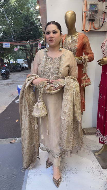 Kesariya Golden Karwa with potli Designer Suit