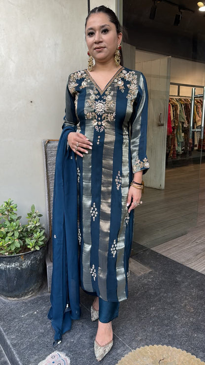 Charkha Teal Blue Hand Embroidery Designer Suit