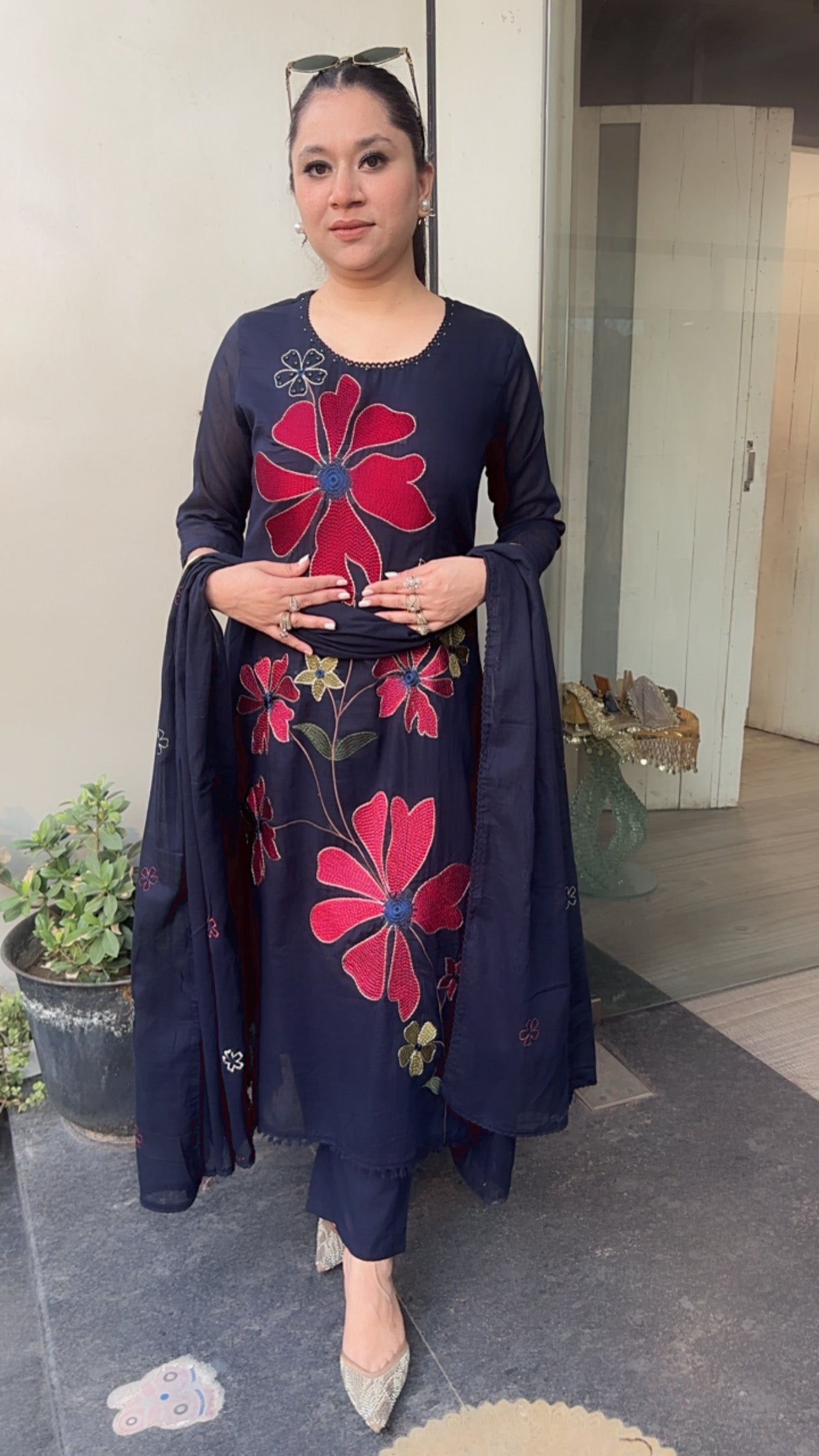Aysha Navy Blue Aline Cotton Designer suit