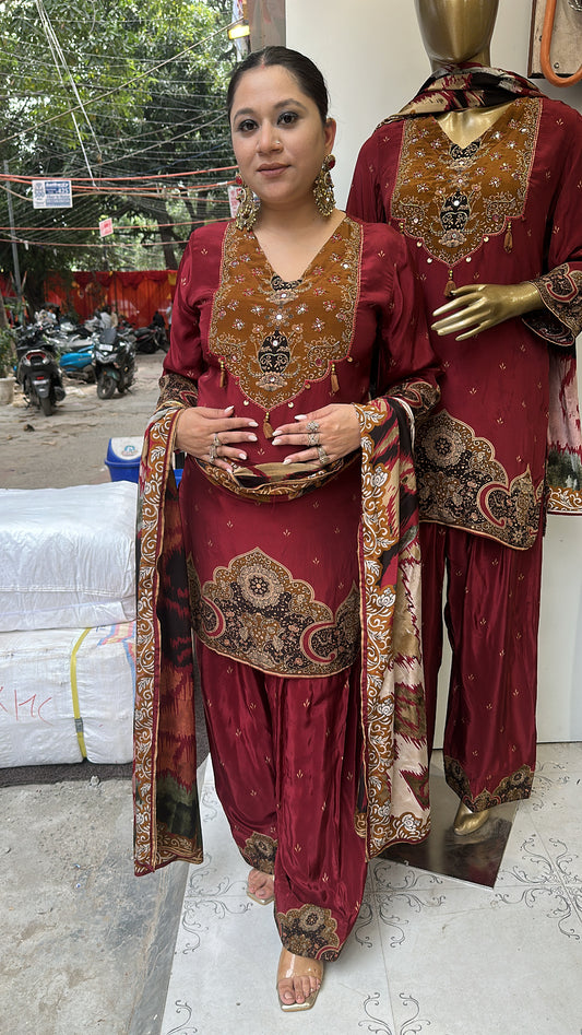 Durga Mahroon Digital Print Designer Farshi Salwar suit