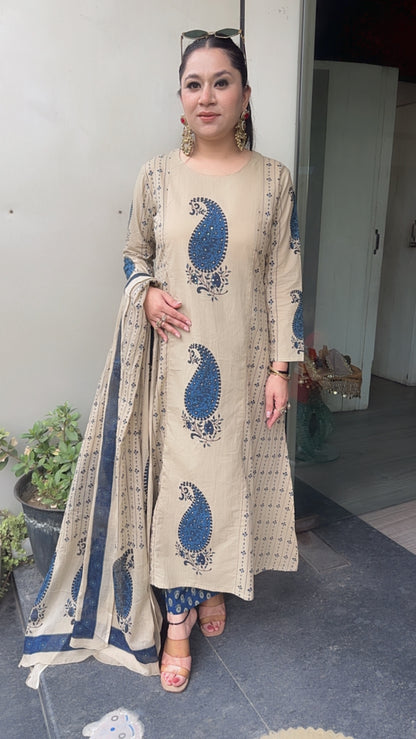 Nora Beige Digital cotton Designer Suit