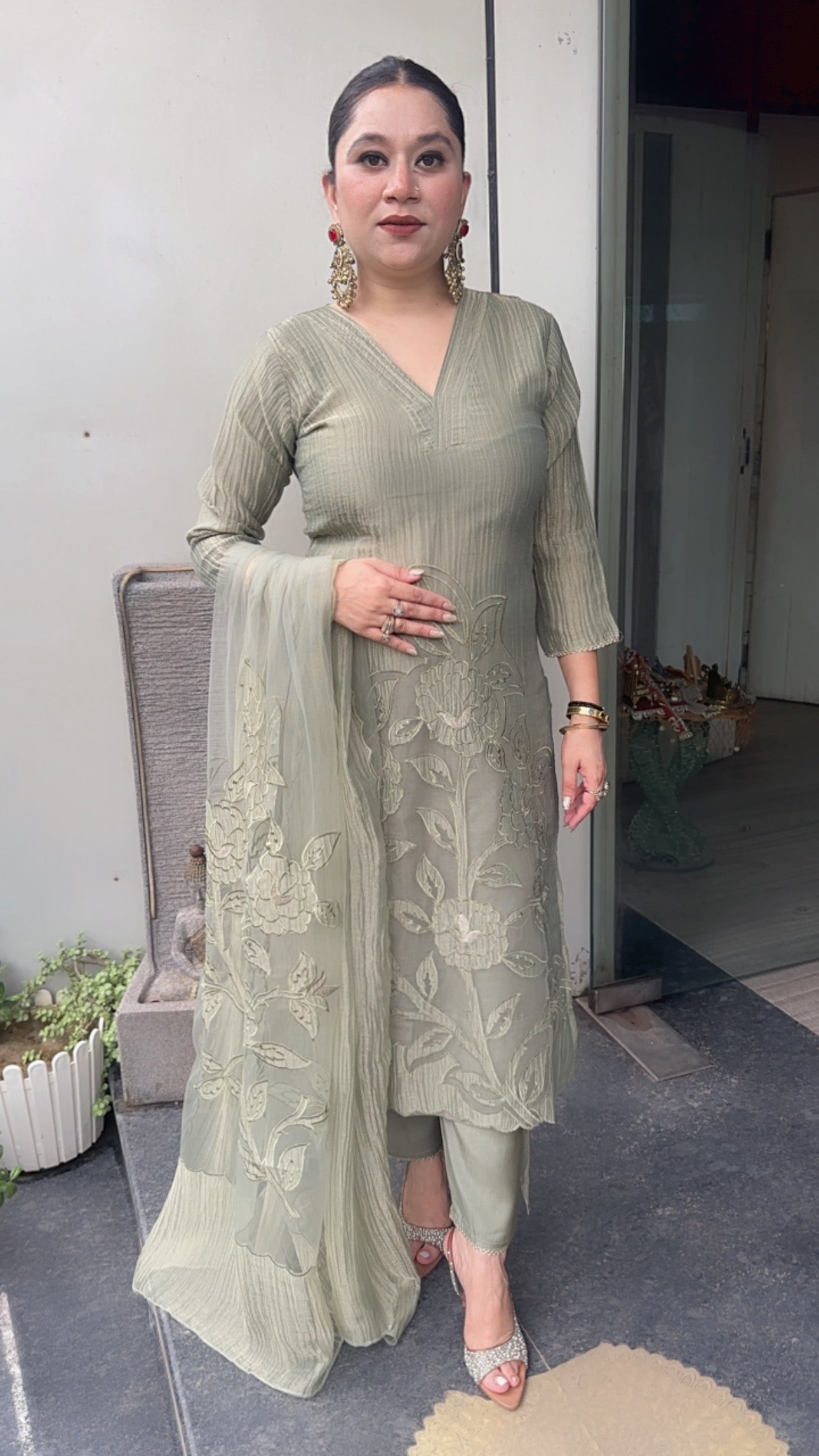Nargis Olive Green Applique work Designer Suit