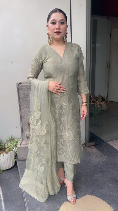 Nargis Olive Green Applique work Designer Suit