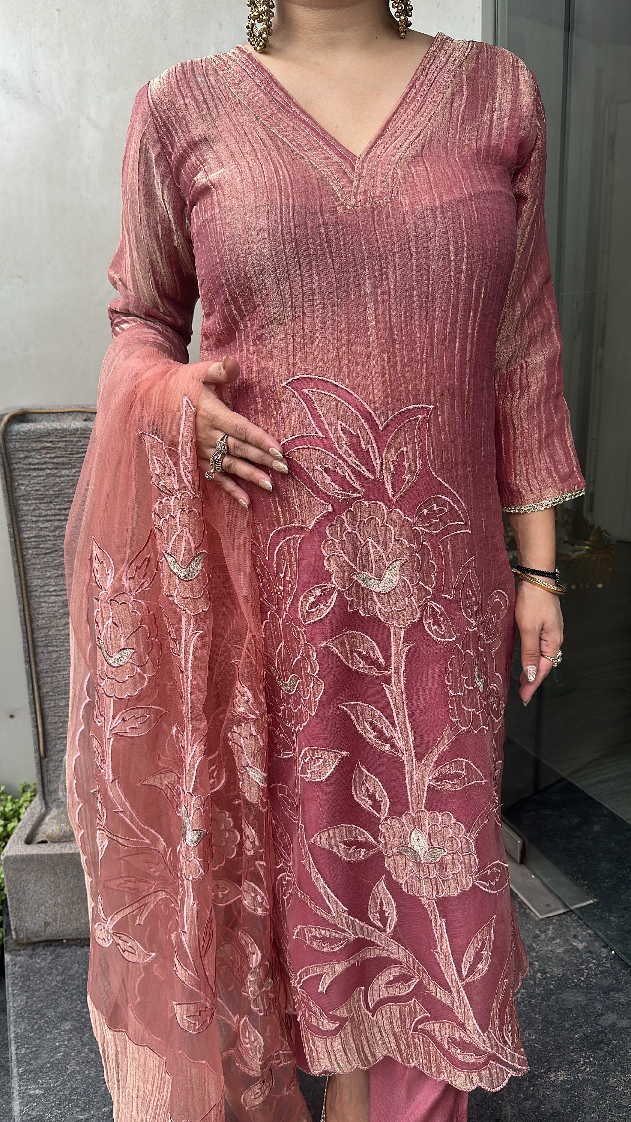 Nargis Onion pink Applique work Designer Suit