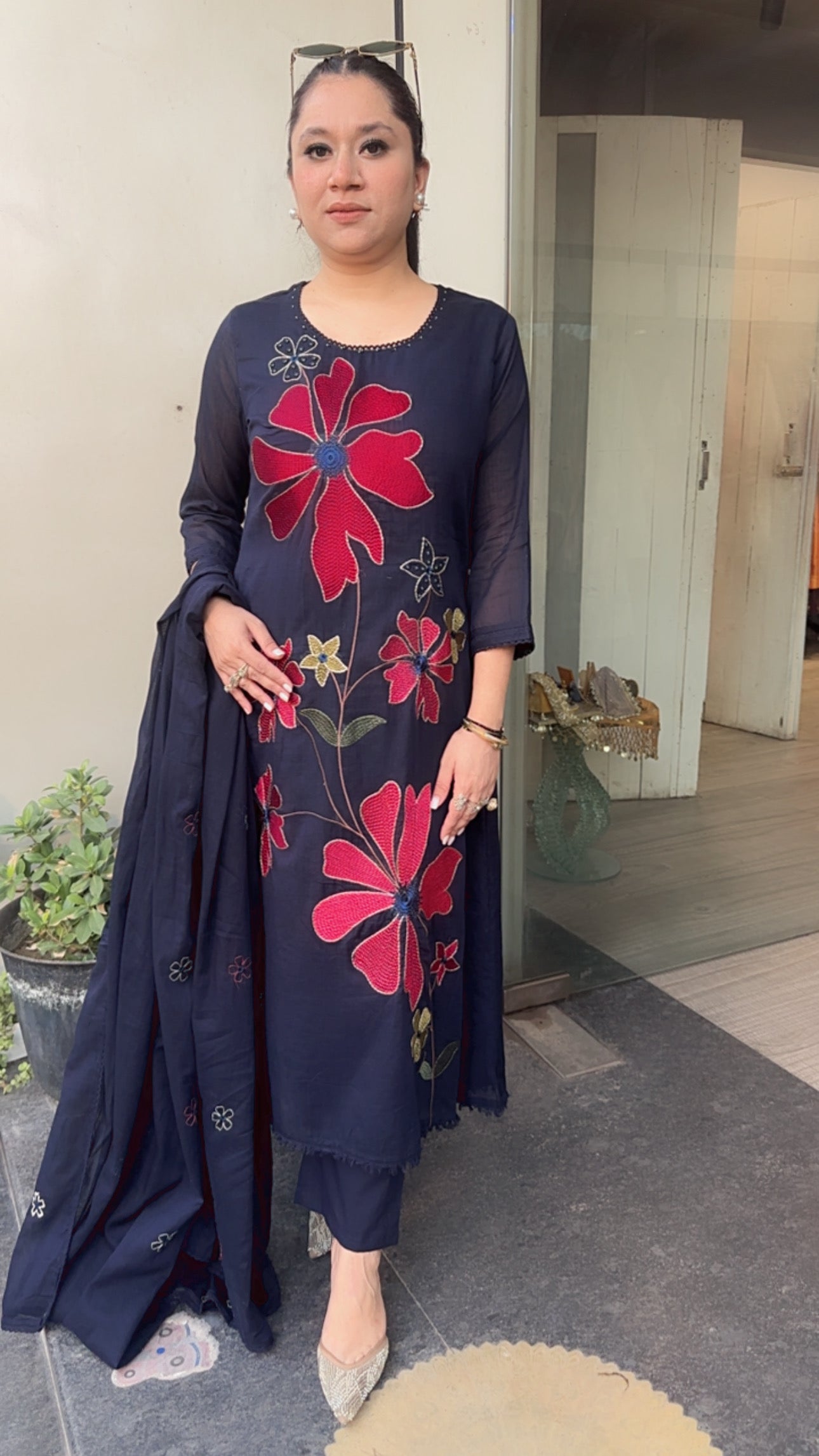 Aysha Navy Blue Aline Cotton Designer suit