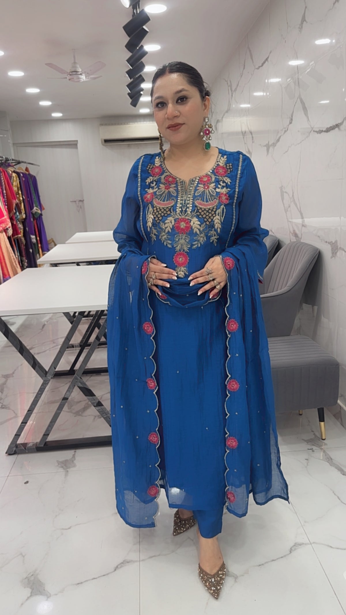 Kalash Royal Blue Hand Work A-Line Designer Suit