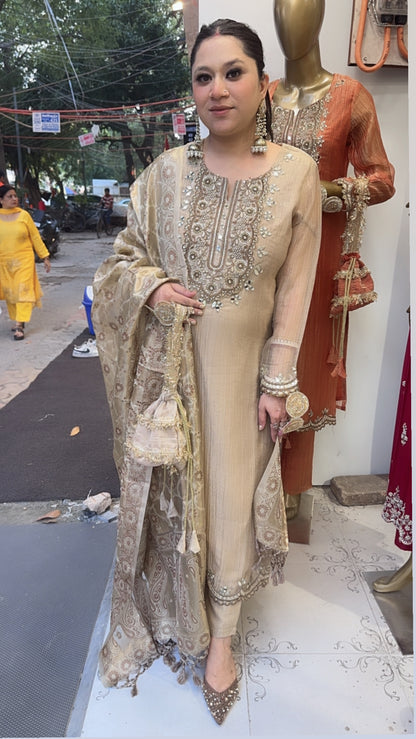 Kesariya Golden Karwa with potli Designer Suit