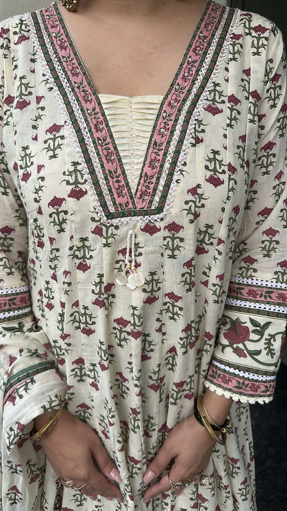 Lily Ivory Floral Print Cotton Anarkali