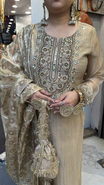 Kesariya Golden Karwa with potli Designer Suit