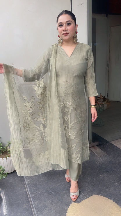 Nargis Olive Green Applique work Designer Suit