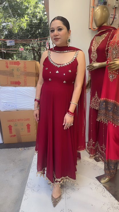 Bandhan Mahroon Designer Anarkali Suit (Sleeve Fabric Attached)