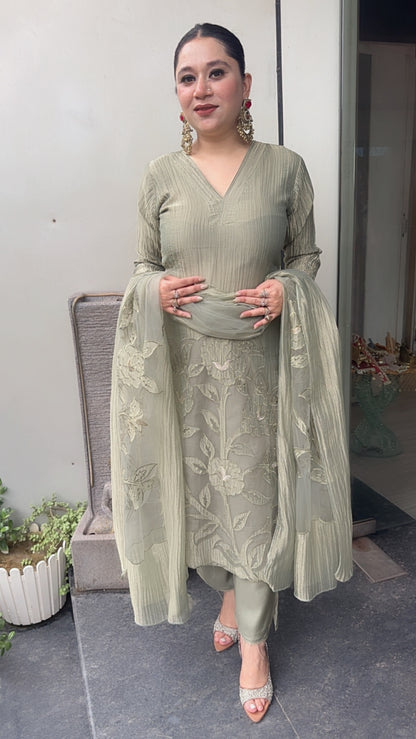 Nargis Olive Green Applique work Designer Suit