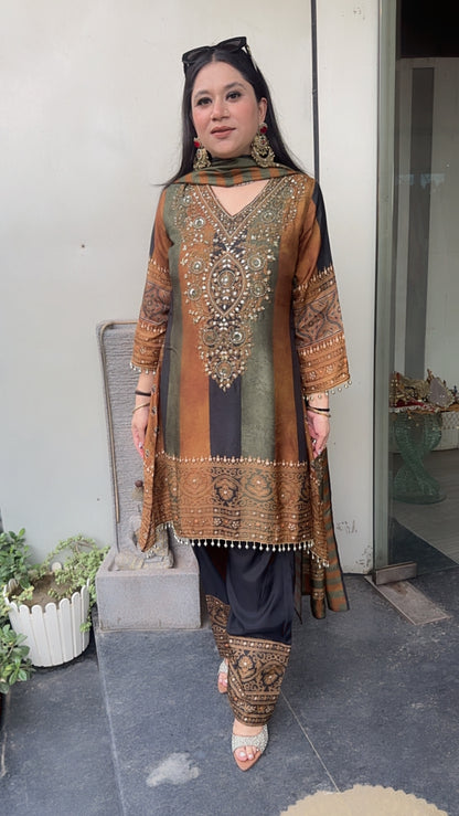 Nihari Digital Handwork c-cut style Farshi salwar Designer Suit