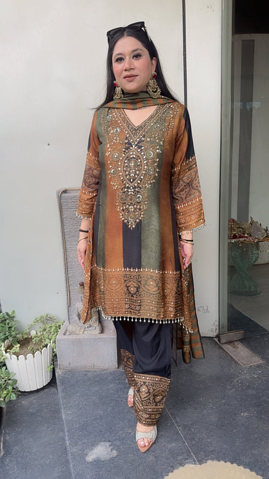 Nihari Digital Handwork c-cut style Farshi salwar Designer Suit